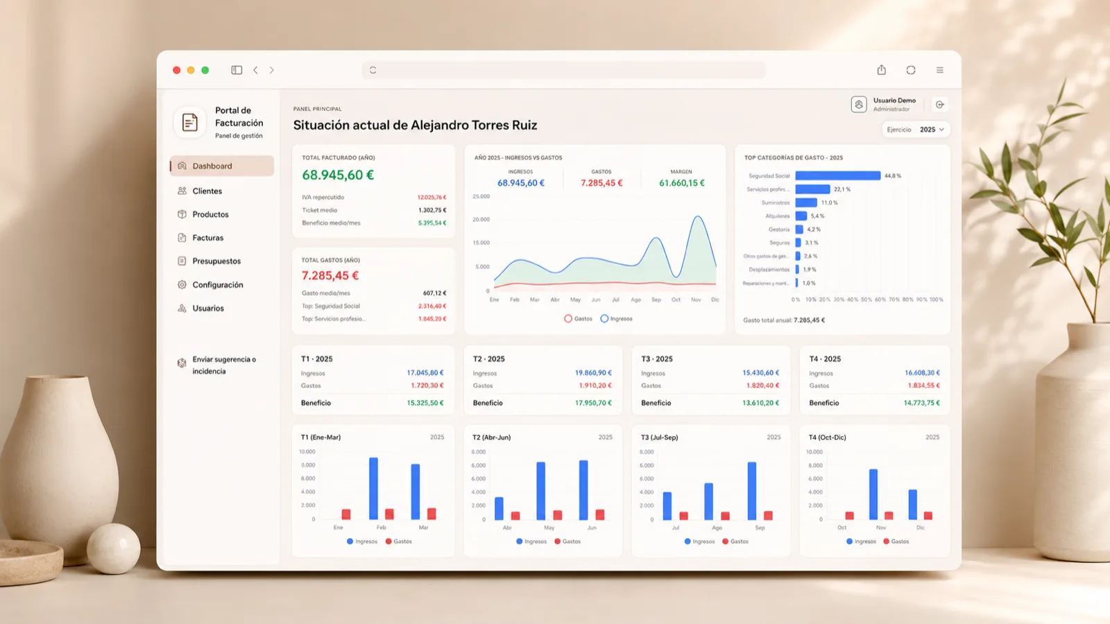 Portal de Facturación en el navegador: panel principal con ingresos, gastos y categorías del ejercicio