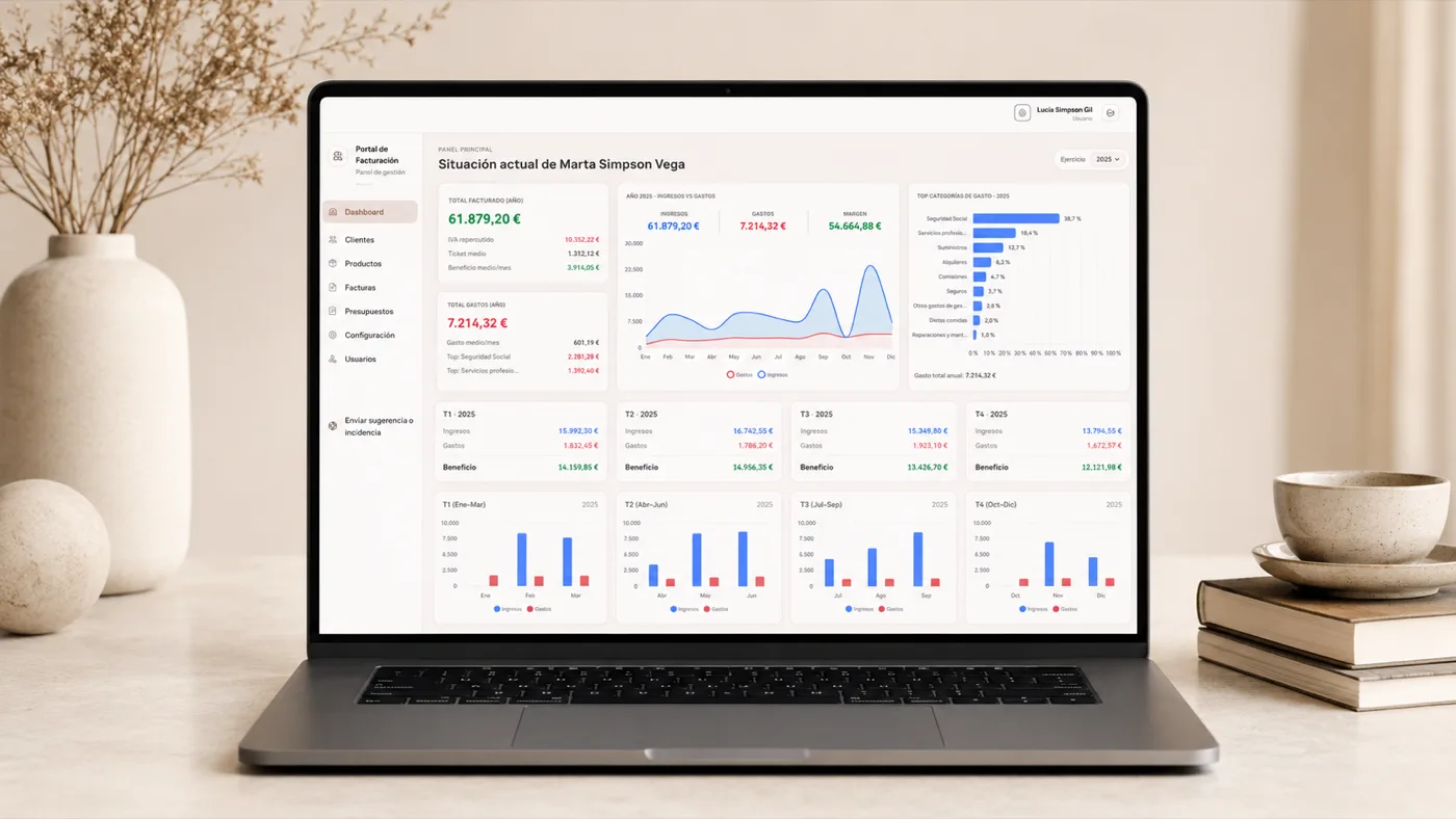Portal de Facturación en un portátil: panel con ingresos y gastos por trimestre